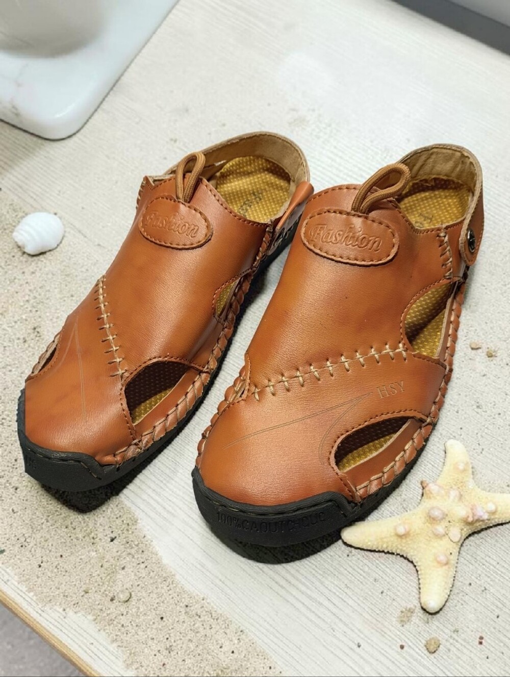 HSY Fashion Men's Brown Leather Closed Toe Sandals - Great Condition Sz. 41, 8.5